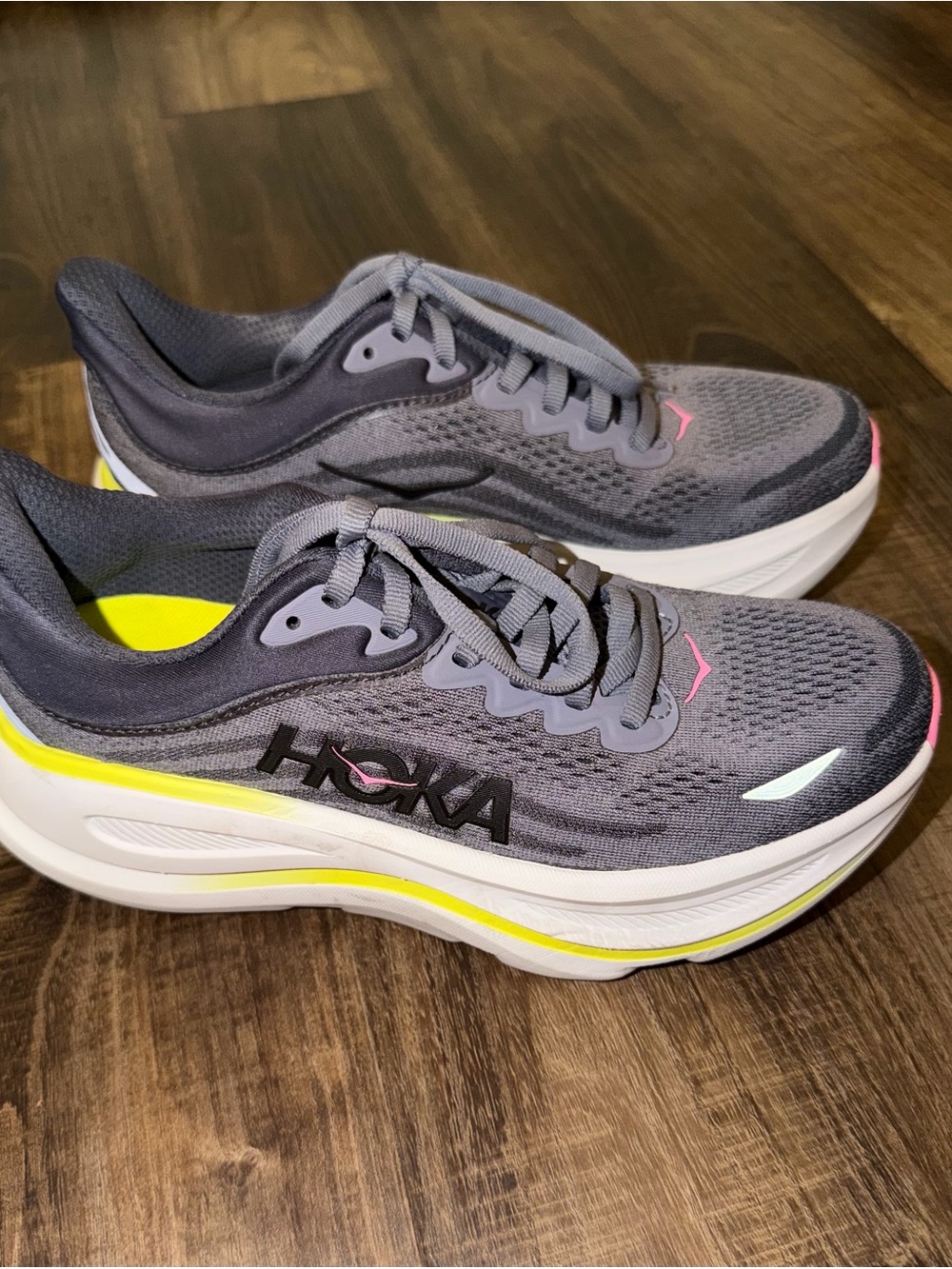 Hoka One One Women's Gray Athletic Shoes with Yellow & Pink Accents